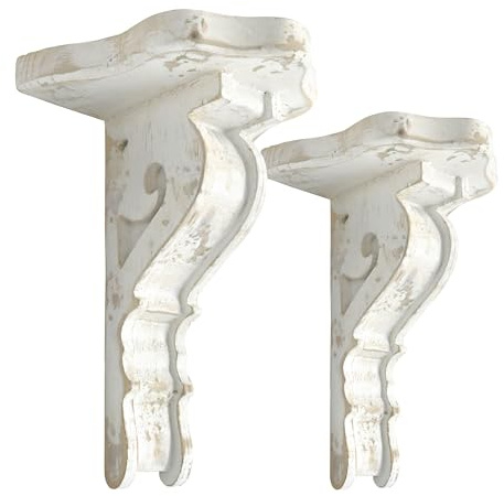 BIG FORTUNE Juego de 2 Ménsulas para Estantes de Madera, Soportes Decorativos, Estante Vintage de Pared Flotante Blanco Largo