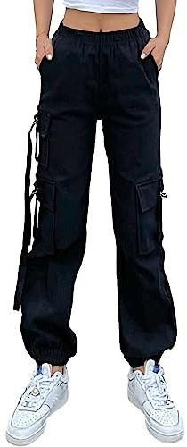 Nuofengkudu Cargo Sarouel Pantalon Resserré Cheville Femme Elastique Taille Haute Poches Jogging Pants Large Pantalons Stretch Ado Y2K Decontracte Baggy Sport Mode Casual