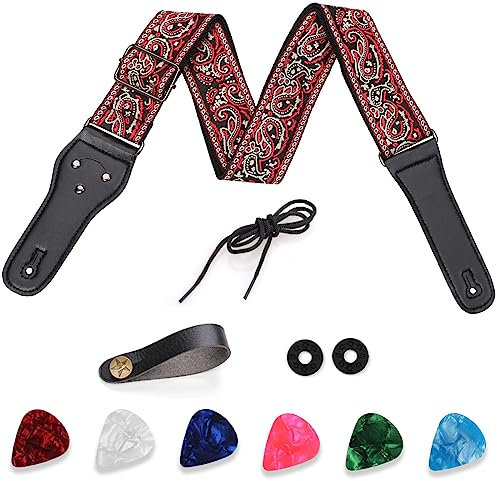 Guitar Strap 2 Wide Jacquard Embroidery Guitar Straps Electric Guitar Bass Leather Acoustic Guitar Ernie Ball Strap with Leather Ends 6 Guitar Picks 2 Strap Locks for Bass, Electric(Red Gray)