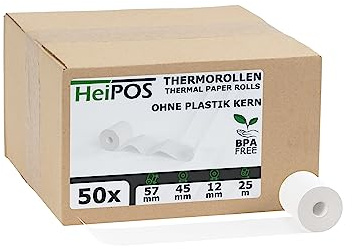 HeiGroup - HeiPOS 50x Thermorollen ohne Plastikkern - 57mm x 25m, Rollen Ø 45mm, Kern Ø 12mm, Flächengewicht 52 g/m2, Dicke 60 µm, 10 Jahre Haltbarkeit