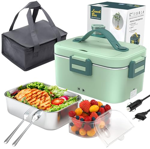 AZOMKER Fiambrera Electrica 3 en 1 75W 1.8L para Coche Camión y Trabajo 220V/12V/24V,Calienta Comida en Minutos,Fiambrera Termica Termo Comida Caliente Acero Inoxidable(Verde claro)…