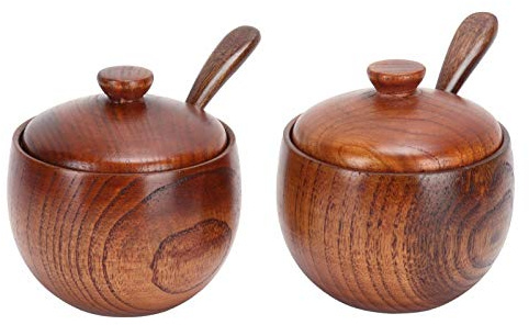 BestAlice Lot de 2 Salière en Bois avec Couvercle et Cuillère, Pot à épices en Bois, Pot D'assaisonnement Japonais en Bois Rétro pour Sel, Poivre, Assaisonnements, épices, Cuisine
