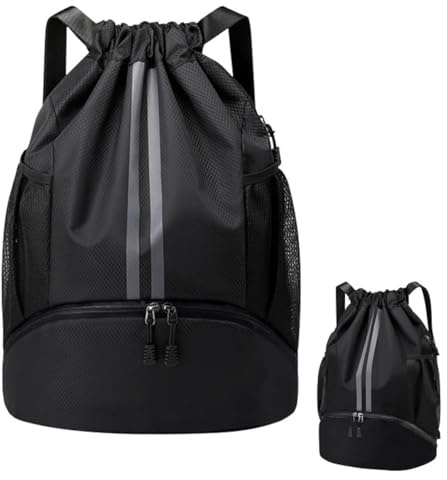 Mochilas de Cuerdas Hombre, Bolsa Deporte Mujer, Grande Bolsa Saco Playa Ajustable, Fútbol Mochila con Compartimento Zapatos, Bolsa Gimnasio con Bolsillo para Viajes Yoga Playa, 47x15x32cm (Negro)