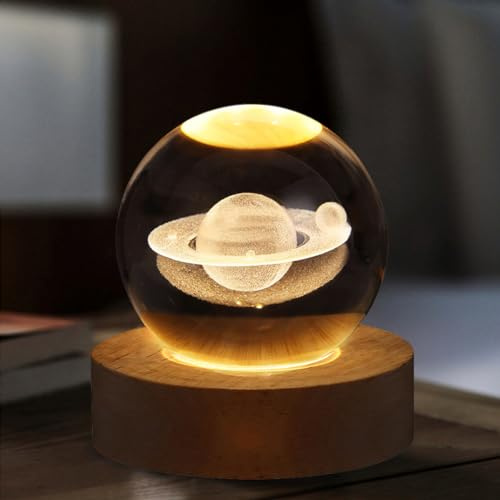 Starnearby Sfera di Cristallo Luminosa - Lampada 3D Sistema Solare con Base in Legno, Ricarica USB - Regalo Luce Notturna Spazio