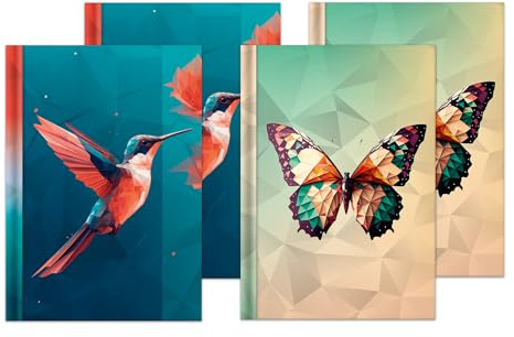 RNKVERLAG 46825 - Notizbücher-Set Polygon je Motiv 2x Schmetterling, 2x Kolibri, kariert, in DIN A5, 4 Stück