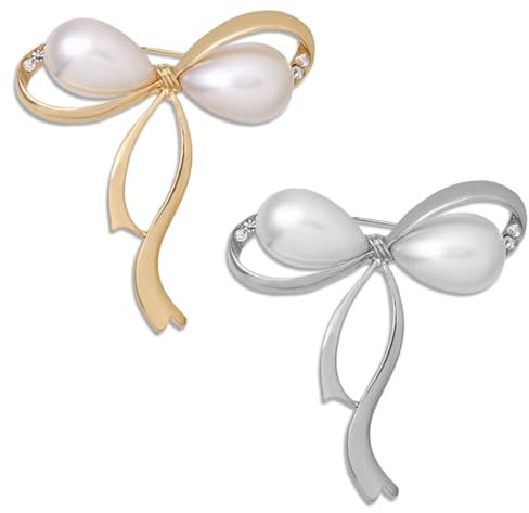 WKRTDY 2 Stück Hochwertige Perle Brosche für Damen - Schlichte Anstecknadel mit elegantem Bogen und künstlich eingelegten Perlen Brosche, Idealer Schmuck für besondere Anlässe und Alltag