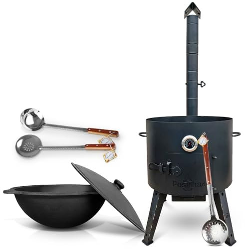 Utschak Feuerofen Ø 49 cm mit Thermometer & Gusseisen Topf 22 L, Ø 52,7 cm | Kazan-Set mit Deckel | Учаг Outdoor Feuerschale & Gulaschkanone | Usbekischer Kochtopf aus Gusseisen, Gartenküche (Set 4)