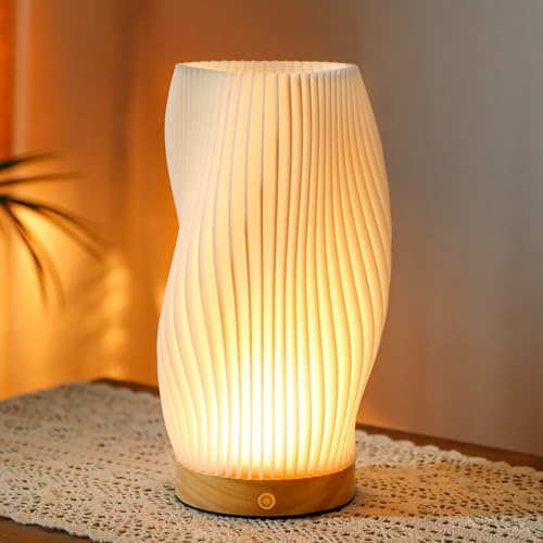 JHY DESIGN Wiederaufladbare Touch-Tischlampe 3D-Druck Dimmbare Batteriebetriebene Lampe mit Holzsockel Nachttischlampe für Schlafzimmer Nachttisch Hochzeiten Partys Patio Events Drinnen Draußen