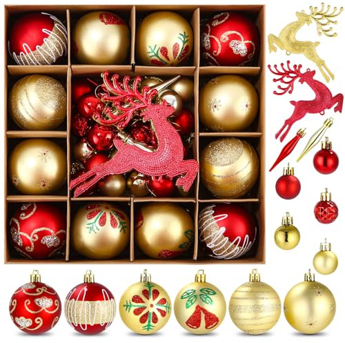 SOBEAU 40 Pièces Boules de Noël, Décorations Sapin de Noël en Plastique Petites & Grandes, 13 Styles de Boules de Noël pour Décorations, Suspension Noel Sapin pour Fêtes （Rouge et Or）