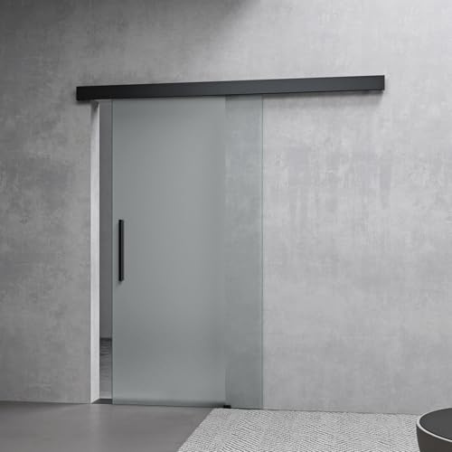 Mai & Mai Porta Scorrevole in Vetro 77.5x215cm, Porta Scorrevole con Sistema Softclose in Vetro Satinato 8mm con Binario e Maniglia Per Asta, Distanza dal Muro 25mm, Nero, Amalfi-plus 14H