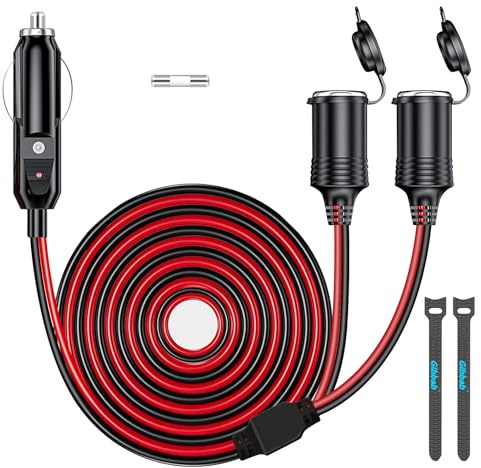 12V/24V Zigarettenanzünder Verteilersplitter 1 auf 2, 2m Verlängerungskabel 240W 16AWG mit 2x20A Sicherungen - Kfz-Doppelsteckeradapter