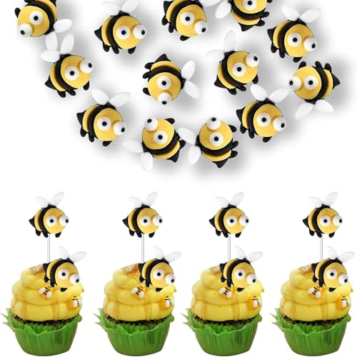 SYKYCTCY 30 PCS Bumble Bee Cupcake Toppers Resin Little Figurine Bee Cupcake Picks Oh Babee Cake Decorations for Bee Theme Baby Shower Kids Boys Girls Birthday Party Decoration Supplies