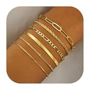 ORAZIO 6Pcs Gold Bracelet for Women 14K Gold Plated Stacking Bracelets Set Twist Rope Figaro Paperclip Satellite Snake Chain Bracelets Stack Adjustable Waterproof Gold Jewellery for Women Ladies