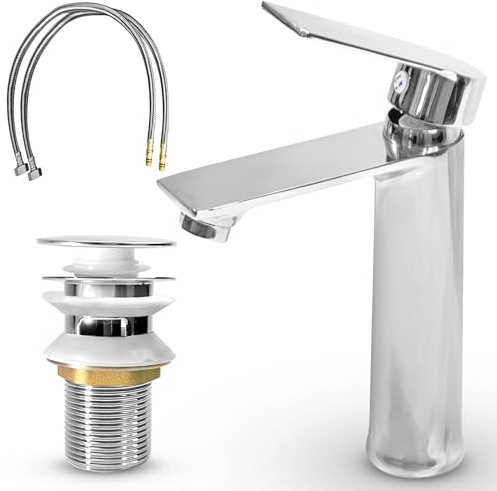 MSC Bathroom Sink Tap with Single Lever Design - Premium Chrome Basin Taps Single Hole with Waterfall Round Mixers, Cloakroom Brass and Supply Hose, Elegant Faucet Set for Bathroom Taps SilvTap