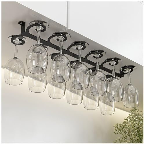 Hängender Weinglashalter unter Schrank, Baum Metall Weinglasregal für 12 Weingläser, Weinglas Aufhänger Veranstalter für Küche, Bar, 55×18cm(Black)