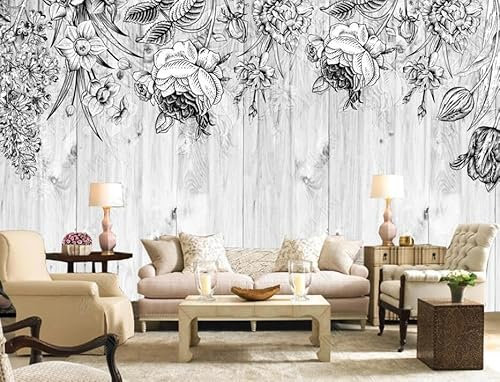ZXCHEE Papier Peint Panoramique Grain De Bois De Fleur Noir Et Blanc Papier Peint 3D Tapisserie Mural Salon Chambre Décoration Murale -S0008-400x280cm(LxH)