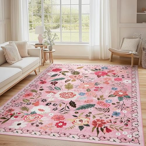 ARRITS Teppich Blumen Boho 100x120cm, Ultraweicher Vintage Rutschfester Waschbarer Teppich Rosa Rechteckiger, Kurzflor Teppich Bettvorleger für Wohnzimmer, Schlafzimmer, Kinderzimmer, Esszimmer