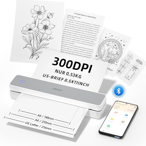 HPRT tragbare Drucker drahtlos für Reisen, Unterstützung 8,5 X 11 US-Brief, Bluetooth-Thermodrucker kompatibel mit iOS, Android & Laptop, Tintenloser mobiler Drucker für Büro, Schule,Weiß-grau