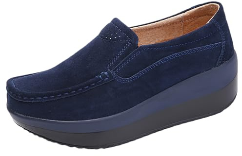 rismart Dam mocka läder kilklack träningsskor plattform skor dra på loafers, marinblå, 38 EU