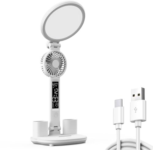 PLCPDM Lámpara LED de escritorio con ventilador de 3200 mAh, recargable/USB, visualización LED, hora, temperatura, lámpara de lectura con ventilador