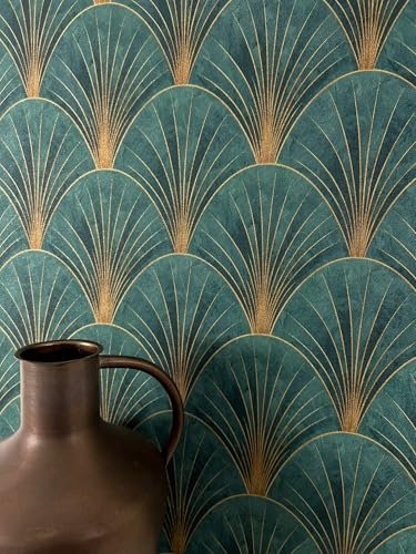 Newroom Papier Peint Intissé Vert Art Déco Éventail - Géométrique Glamour Vinyle pour Salon Chambre