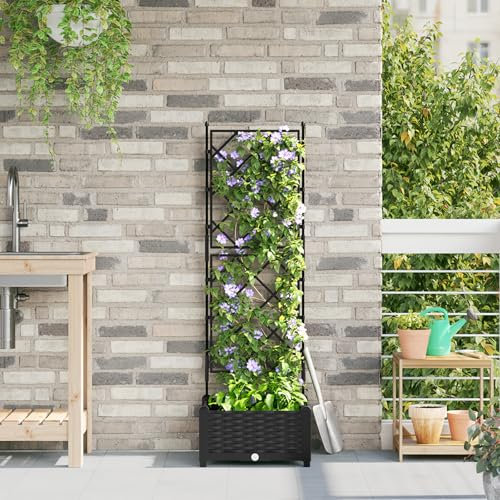 HaoChrymec Jardinière avec Treillis en Plastique Synthétique, Design Rectangulaire, Jardinières Extérieures, Bac à Fleurs Extérieur, Jardinière Balcon, Noir, 40x40x125.5 cm