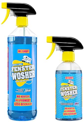WOSHUP! Fensterreiniger Xtra Skin Schutzfilm 1000 ml Glasreiniger für Plexiglas Acrylglas, Scheibenreiniger für Wohnwagen, Wohnmobil, Auto, Caravan, Streifenfreie Reinigung (1 Liter + 500 ml)