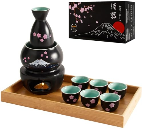 DUJUST 10 pcs Japanese Sake Set with Warmer for 6, Sakura & Fuji Design Porcelain Sake Set, 6 Sake Cups, 1 Bottle, 1 Warmer, 1 Candle Stove, 1 Tray & 1 Box, Warm Sake Carafe, Japanese Gifts - Black