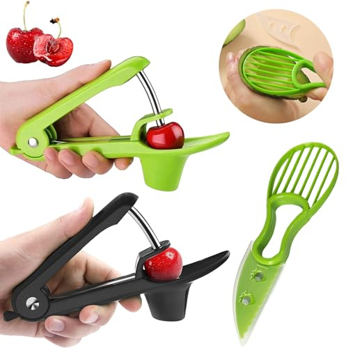 ZenyTra 3-teiliges Küchenset aus Kirsch-Entsteiner & Avocado-Schneider - Inkl. 1x Grün & 1x Schwarz Kirschkernentferner + 1x Grün Avocadocutter für Obst, Pflaumen, Oliven