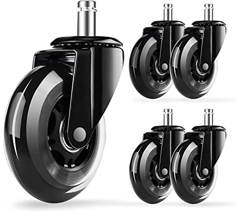 Lot de 5 roulettes de chaise de bureau silencieuses pour chaises de bureau, roulettes respectueuses du sol, 11 mm x 22 mm, pour sol dur pour chaise de bureau Noir