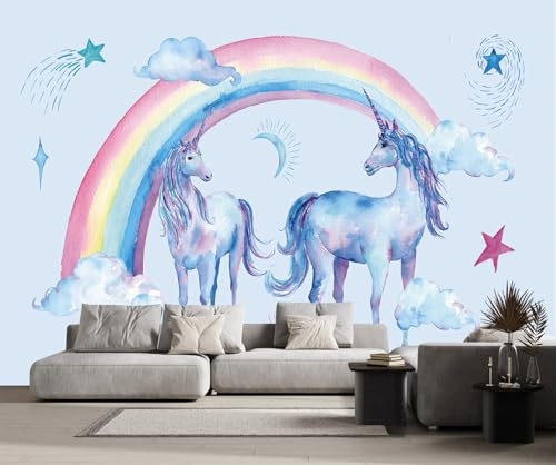 Fototapete 3D Tapete Cartoon Regenbogen Einhorn Tapeten Vliestapete Wandbilder Wanddeko Wandtapete -songqians-24176-200cmx140cm