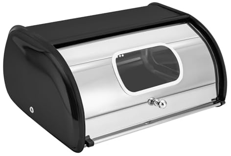 HIUOUIH Brotkasten Edelstahl Schwarz, Rollbrotkasten mit Acryl-Sichtfenster und Lüftungsöffnungen, Brotbox zur Brotaufbewahrung für die Küche, Brot, Brötchen, Toast, Gebäck, 34,5 x 23 x 14,5 cm