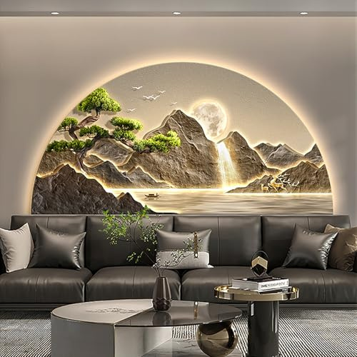 GRIPITHPY Semi-Circular Led 3D Landscape Wall Art Decor,Mountains and Water Wall Sculptures Painting,Modern 3D Relief Wall Decor for Home Entrance Hallway Bedroom(55.1 W x 27.5 H, A)