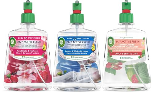 Air Wick Active Fresh – Wasserbasierter Automatischer Lufterfrischer – Raumduft Blüte, Frucht & Leichtigkeit – 3 x 228 ml Nachfüller