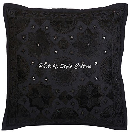 Stylo Culture Indio Fundas Almohadones Decorativa 40x40 cm Algodón Espejado Fundas para Cojines Sofa Negro 16x16 Inch Bordado Cuadrado sobre Fundas De Almohadones para Cama - 1 Pc