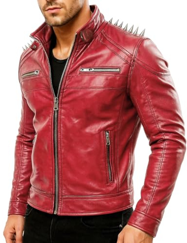 LP-FACON Mens Rock Punk Biker Studded Spikes Red Motorbike Faux Leather Jacket