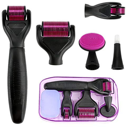 E-More Derma Roller, 6 in 1 Microneedle Derma Roller Kit Titanium 0.5/1.0/1.5/2.0mm Micro Needle Silicone Brush and Disinfecting Tray for Skin Regeneration, Anti Ageing, Wrinkle Cellulite, Black