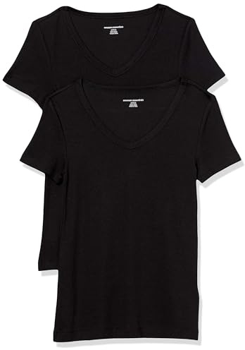 Amazon Essentials Damen Kurzärmeliges T-Shirt mit V-Ausschnitt, Schmale Passform, 2er-Pack, Schwarz, L