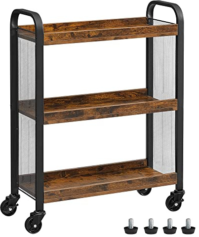 VASAGLE 3-Tier Narrow Storage Cart, Rolling Cart with Wheels, Steel Frame, Slim Storage Cart for Kitchen, Dining Room, Laundry Room, Adjustable Feet Included, Industrial Style, Rustic Brown and Black