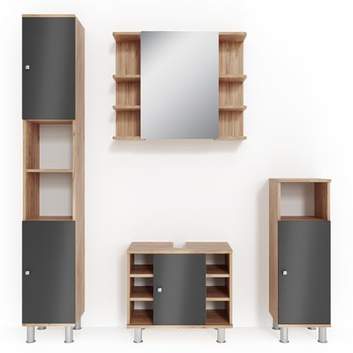 Vicco Badmöbel-Set Fynn, Eiche, 60 cm, besteht aus Waschbeckenunterschrank, Spiegelschrank, Hochschrank und Midischrank