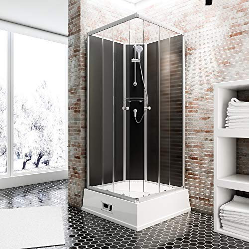 Schulte cabine de douche complète 94 x 110 x 215 cm (bac à douche inclus) avec chauffe-eau, profilé alu-argenté, paroi noir en angle avec portes coulissantes, verre de sécurité