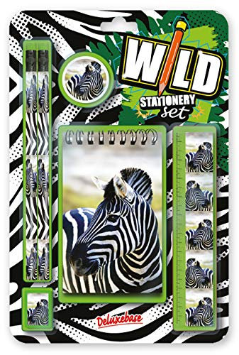 Deluxebase Wild Stationery Set – Zebra aus diesen lustigen Schulbedarf-Sets enthalten 2 Bleistifte, einen Radiergummi, einen Anspitzer, EIN Lineal und EIN Notizbuch, Schreibwaren-Set