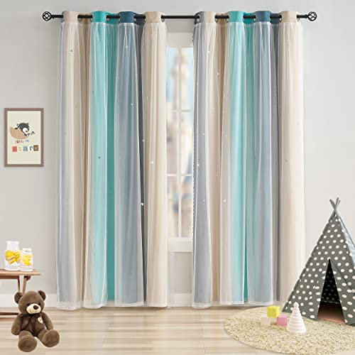 Luvyohmee Blaue Vorhänge für Kinder, Jungenzimmer, Ombré-Regenbogen-Verdunkelungsvorhänge, Raumverdunkelung, Sternausschnitt, doppellagig, niedliche Kinderzimmervorhänge, Farbverlauf, gelb, 160 cm