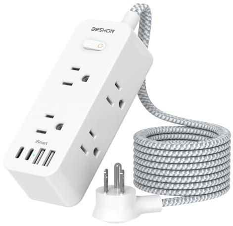 Power Strip Surge Protector, BESHON 5Ft Extension Cord, 6 Outlets with 4 USB Ports (2 USB C Outlet), 3-Side Outlet Extender, Wall Mount, Compact for Travel, Home, College Dorm Room and Office