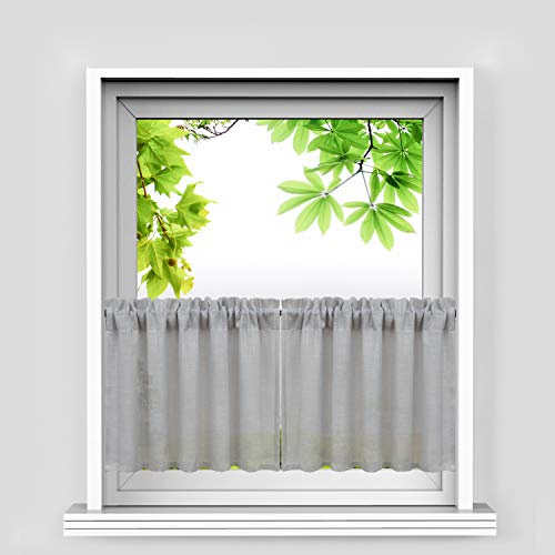 HeichkelL Leinen-Optik Scheibengardinen Halb Transparent Bistrogardine Landhausstil Kurzstores 2er Set Küche Gardinen Grau HöhexBreite 45x90cm