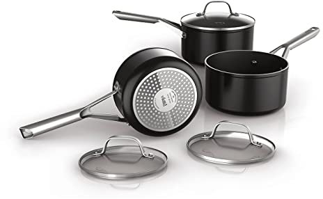 Ninja ZEROSTICK Essentials Cookware 3-Piece Saucepan Set with Glass Lids, Non-Stick, Long Lasting, Forged Aluminium Pan Set, Induction Compatible, Oven Safe to 260°C, Black C13000UK
