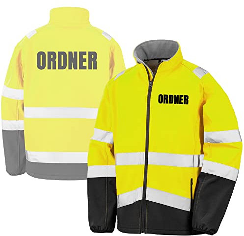 Fassbender-Druck WARNWESTEN - ORDNER Sicherheitsjacke GELB aus Softshell - Gelb Warnjacke nach EN ISO 20471 zertifiziert - Unisex und hochwertigem Reflektorstreifen (Gr. L)
