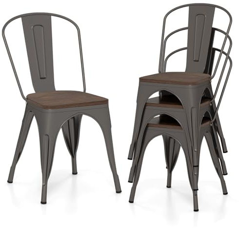 COSTWAY Set of 4 Stackable Dining Chairs, Metal Stacking Side Chairs with Elm Wood/Hollowed Iron Seat & Backrest, Industrial Tolix Chairs for Kitchen Dining Room Bar Bistro (Gun, Elm Wood Seat)