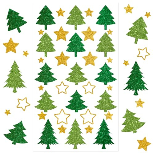 JOYEASE 280 Stück Sticker Weihnachten, Glitzer Weihnachtssticker Selbstklebend, Weihnachtsbaum Glitzersterne zum Aufkleben für Karten Geschenke Adventskalender Weihnachtsdeko, Größe 14x 24cm