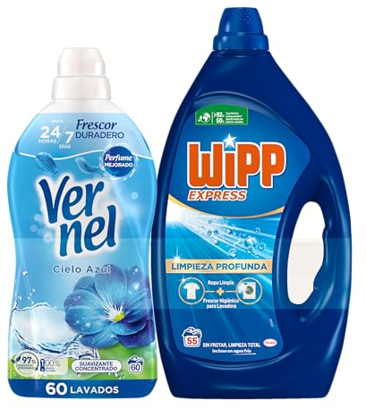 Wipp Express Detergente Líquido Limpio y Liso para lavadora 55 Lavados + 1 Vernel Suavizante Azul 70 Lavados GRATIS